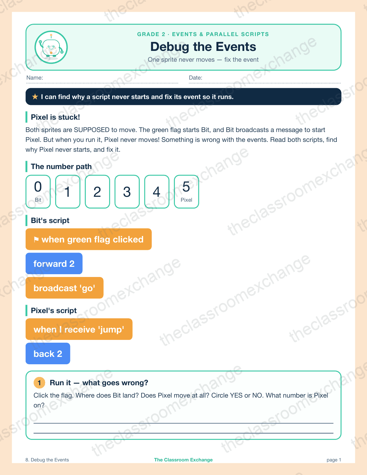 Grade 2 Coding: Debug the Events