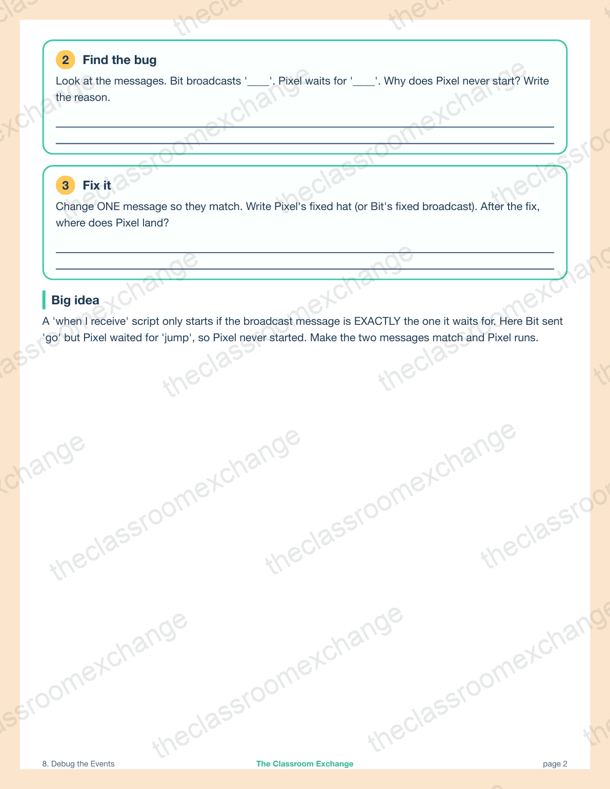 Grade 2 Coding: Debug the Events alternative view