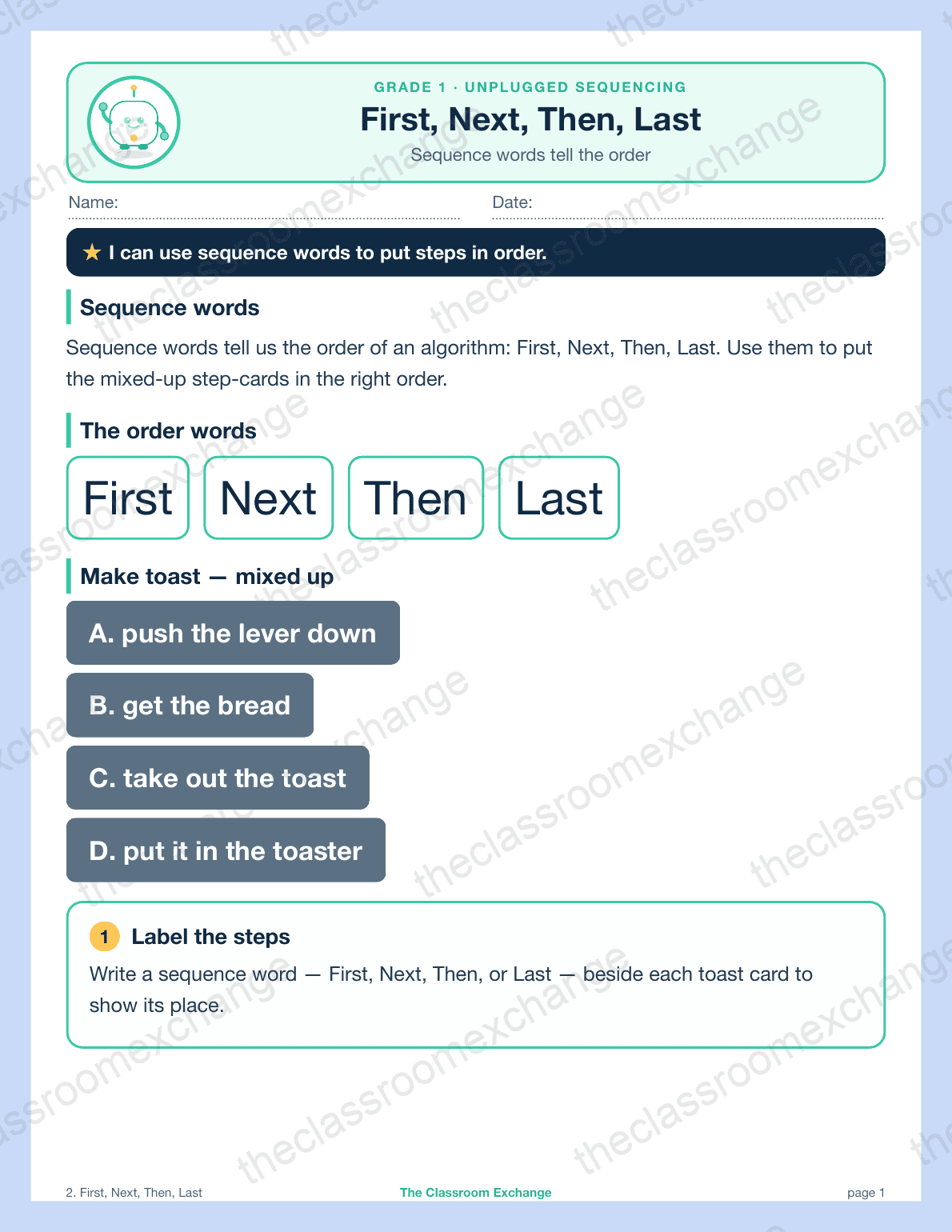 Grade 1 Coding: First, Next, Then, Last