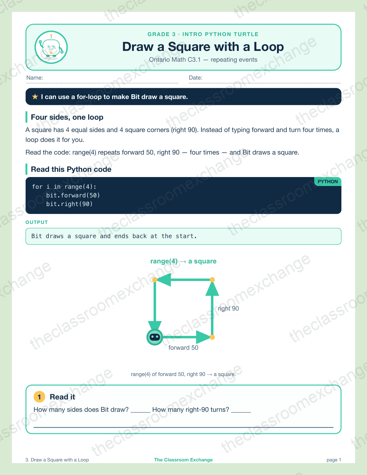 Grade 3 Coding: Draw a Square with a Loop