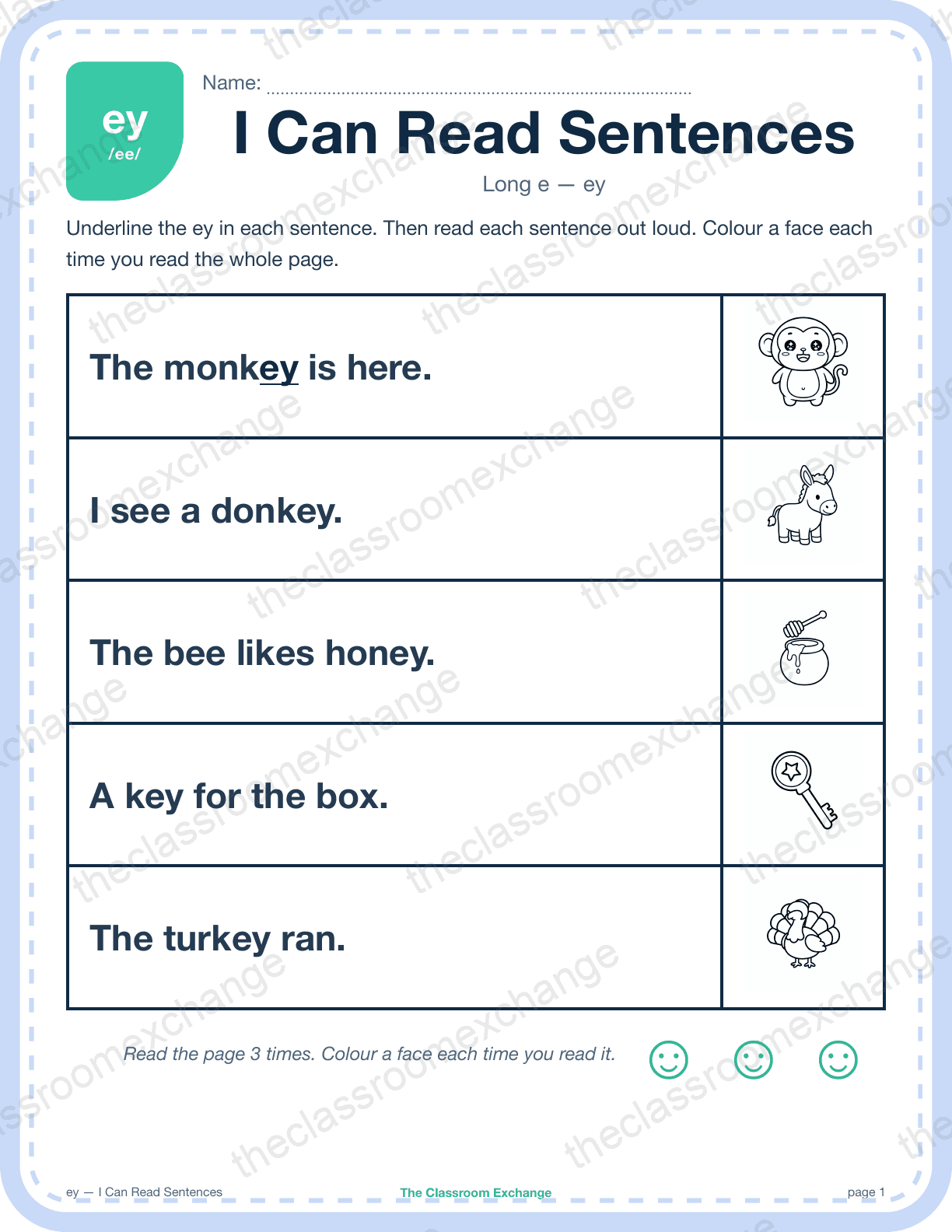 Grade 1 Phonics: ey (key) — I Can Read Sentences