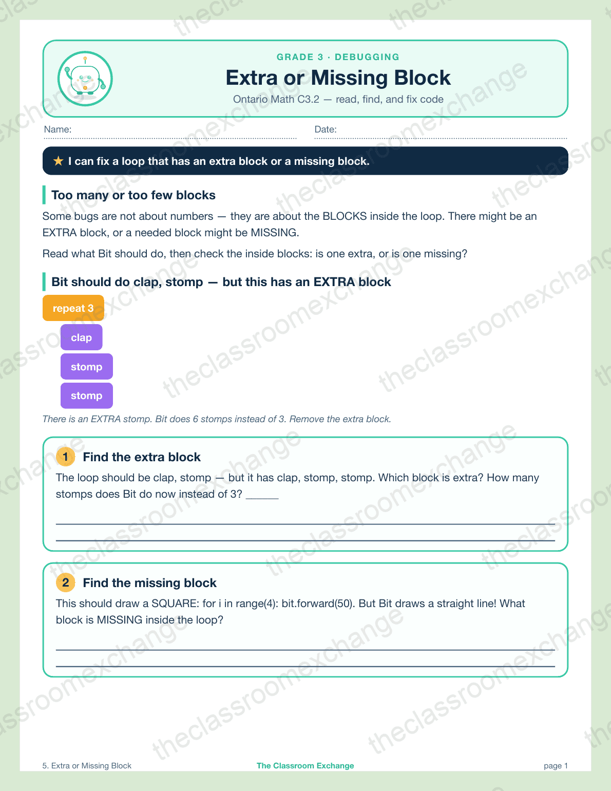 Grade 3 Coding: Extra or Missing Block