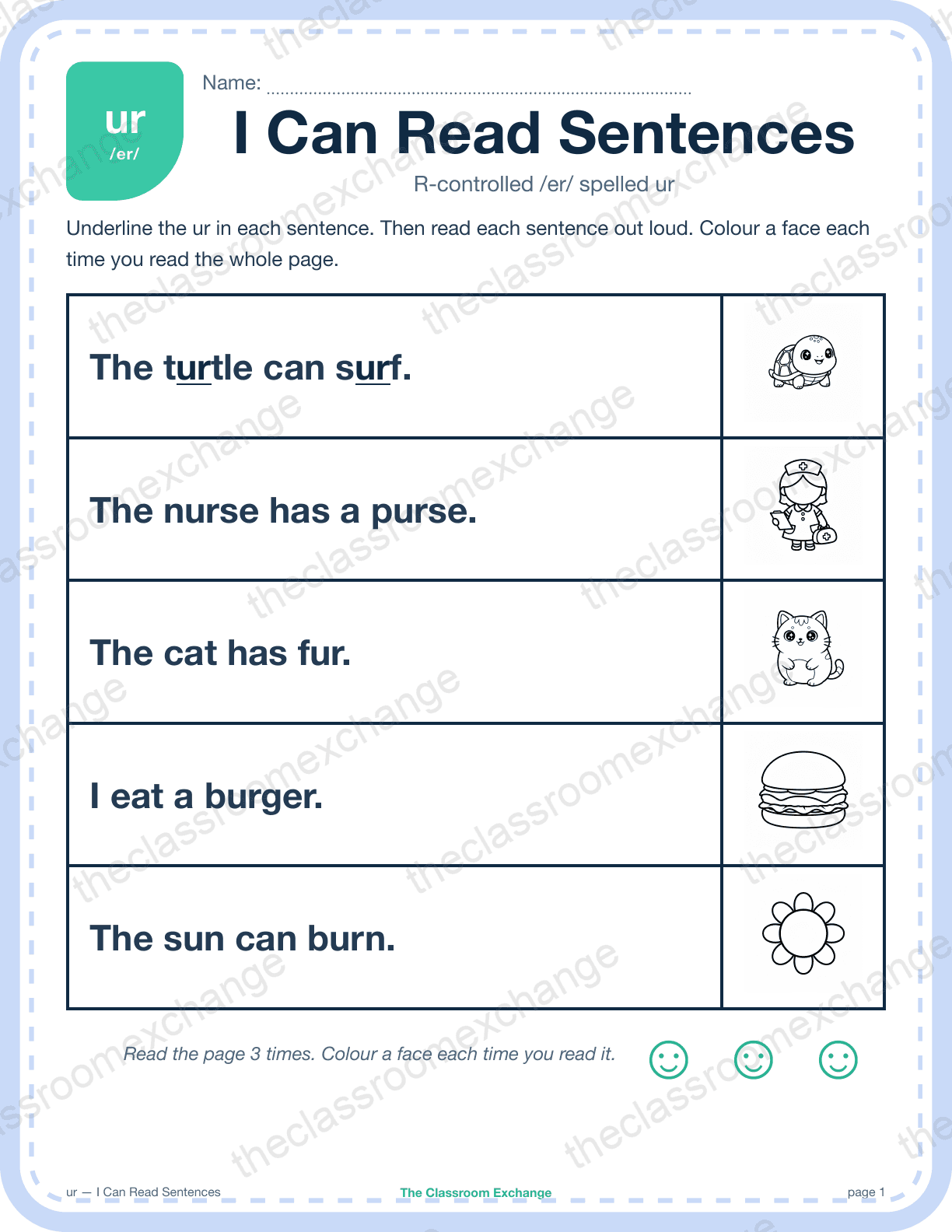 Grade 1 Phonics: ur (surf) — I Can Read Sentences