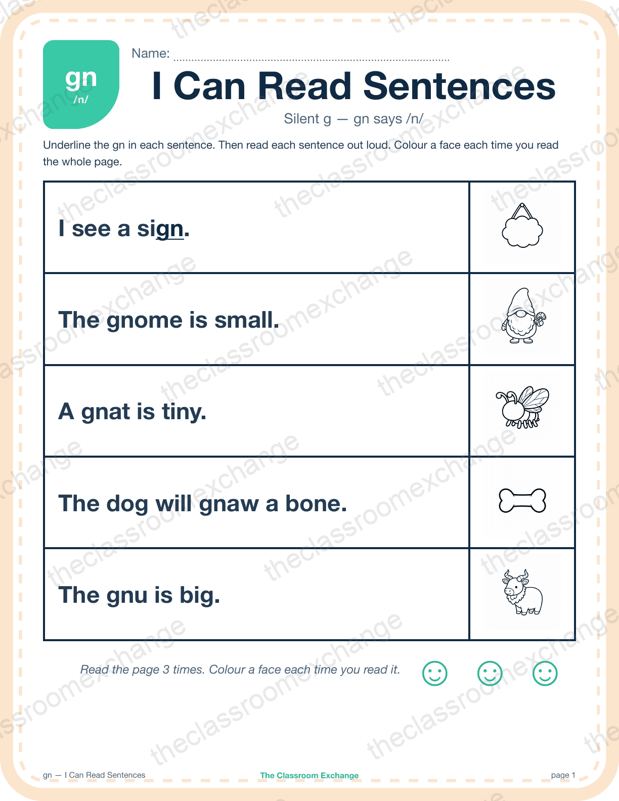 Grade 2 Phonics: gn (sign) — I Can Read Sentences