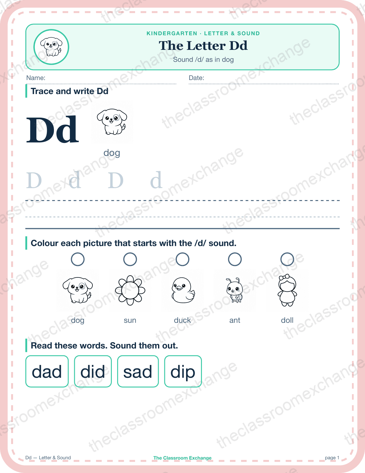 Kindergarten Phonics: The Letter Dd (dog)