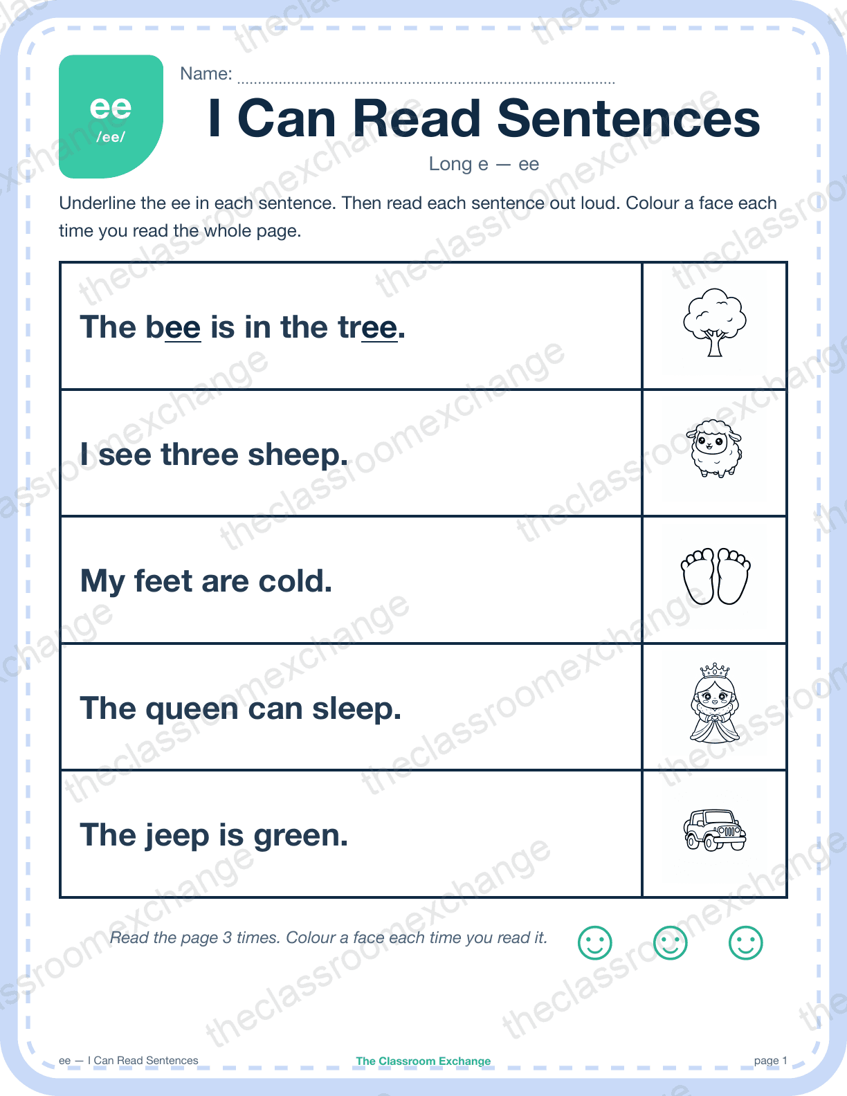 Grade 1 Phonics: ee (bee) — I Can Read Sentences