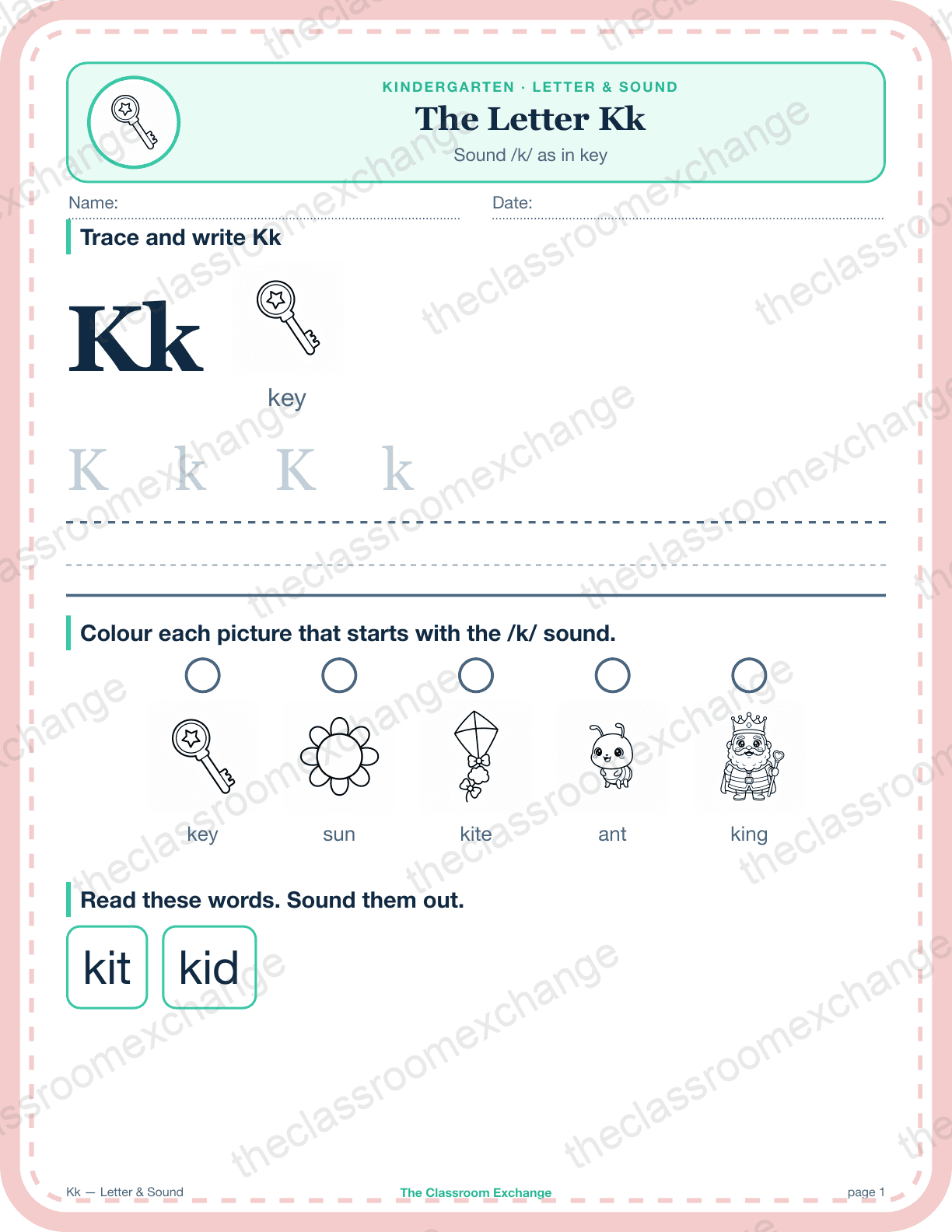 Kindergarten Phonics: The Letter Kk (key)