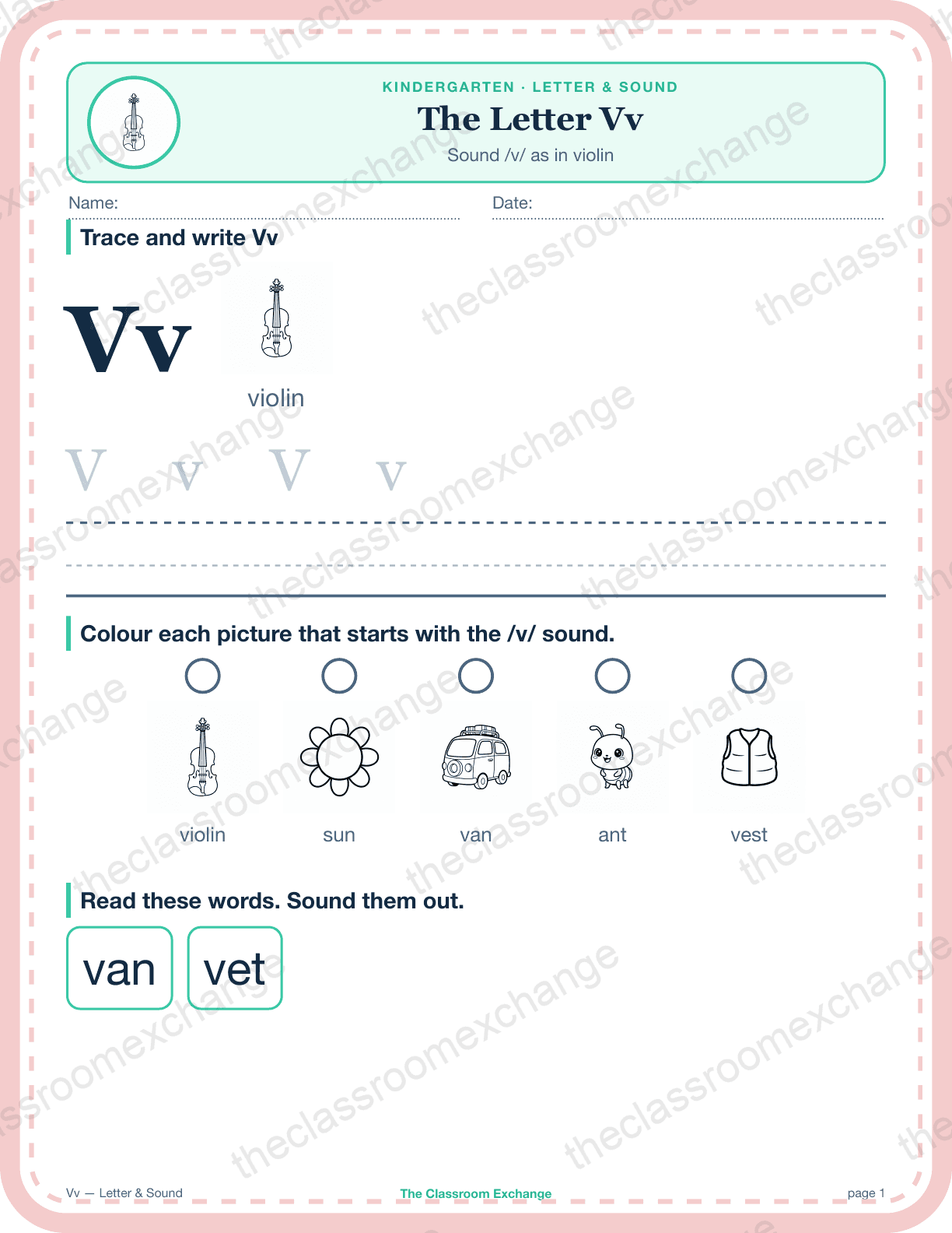 Kindergarten Phonics: The Letter Vv (violin)