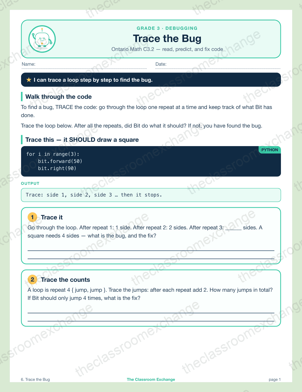 Grade 3 Coding: Trace the Bug