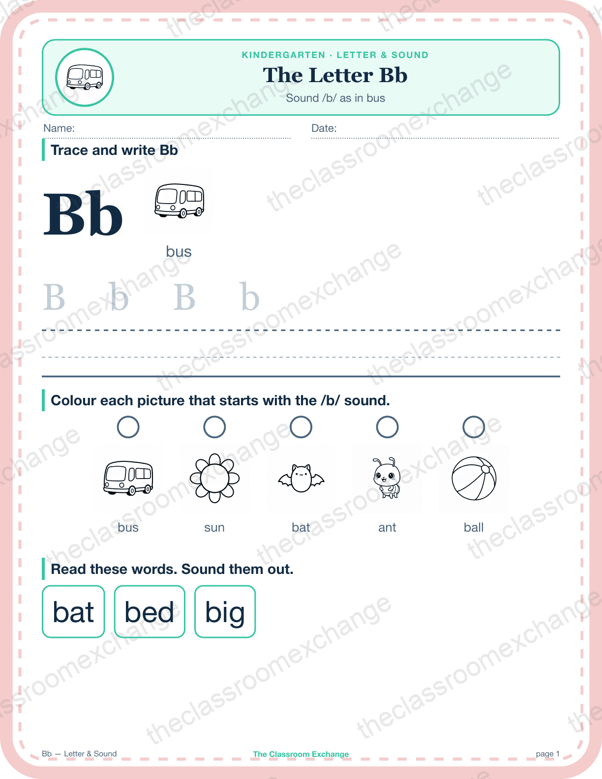 Kindergarten Phonics: The Letter Bb (bus)