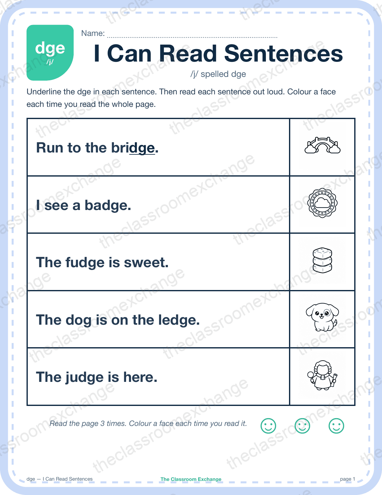 Grade 1 Phonics: dge (edge) — I Can Read Sentences