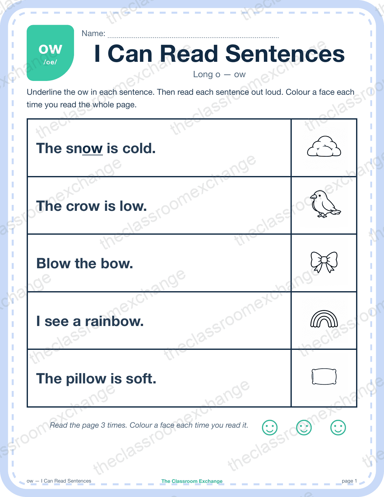 Grade 1 Phonics: ow (snow) — I Can Read Sentences
