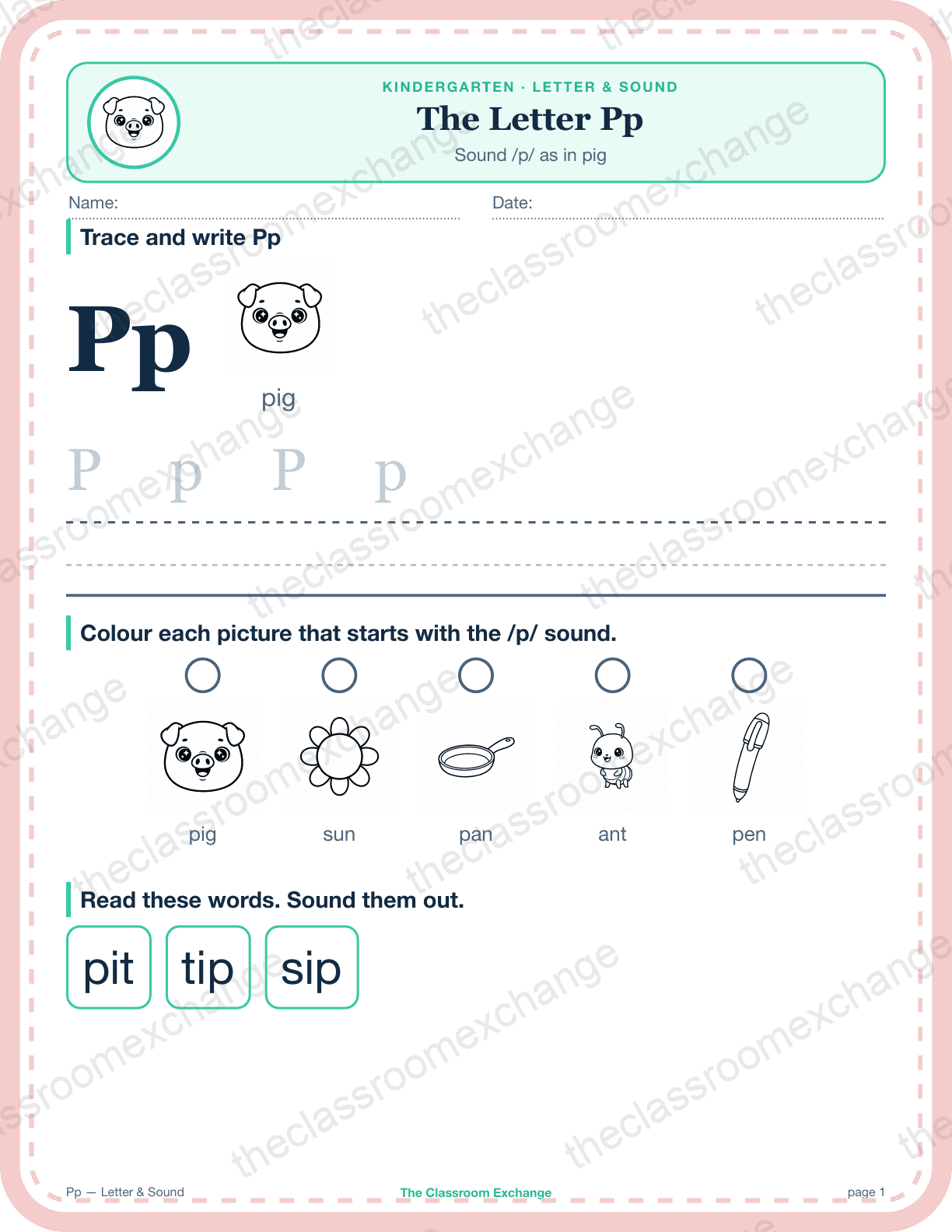 Kindergarten Phonics: The Letter Pp (pig)