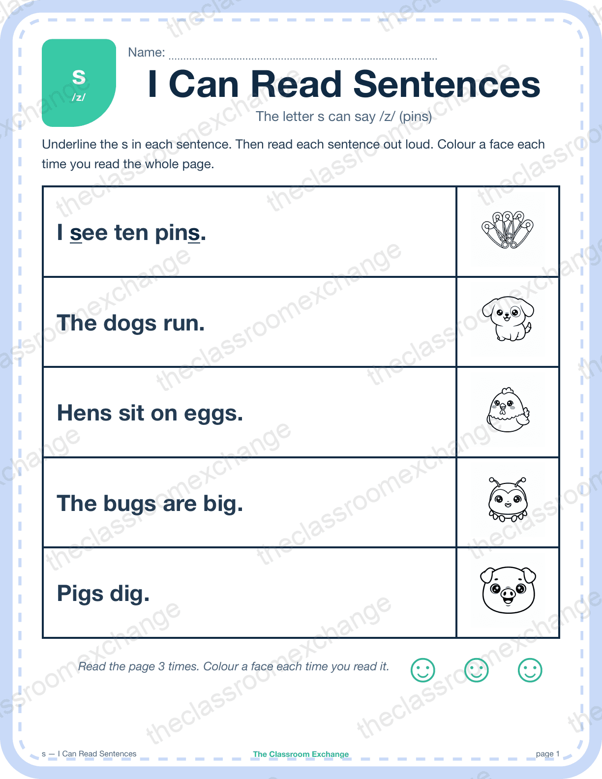 Grade 1 Phonics: s (pins) — I Can Read Sentences