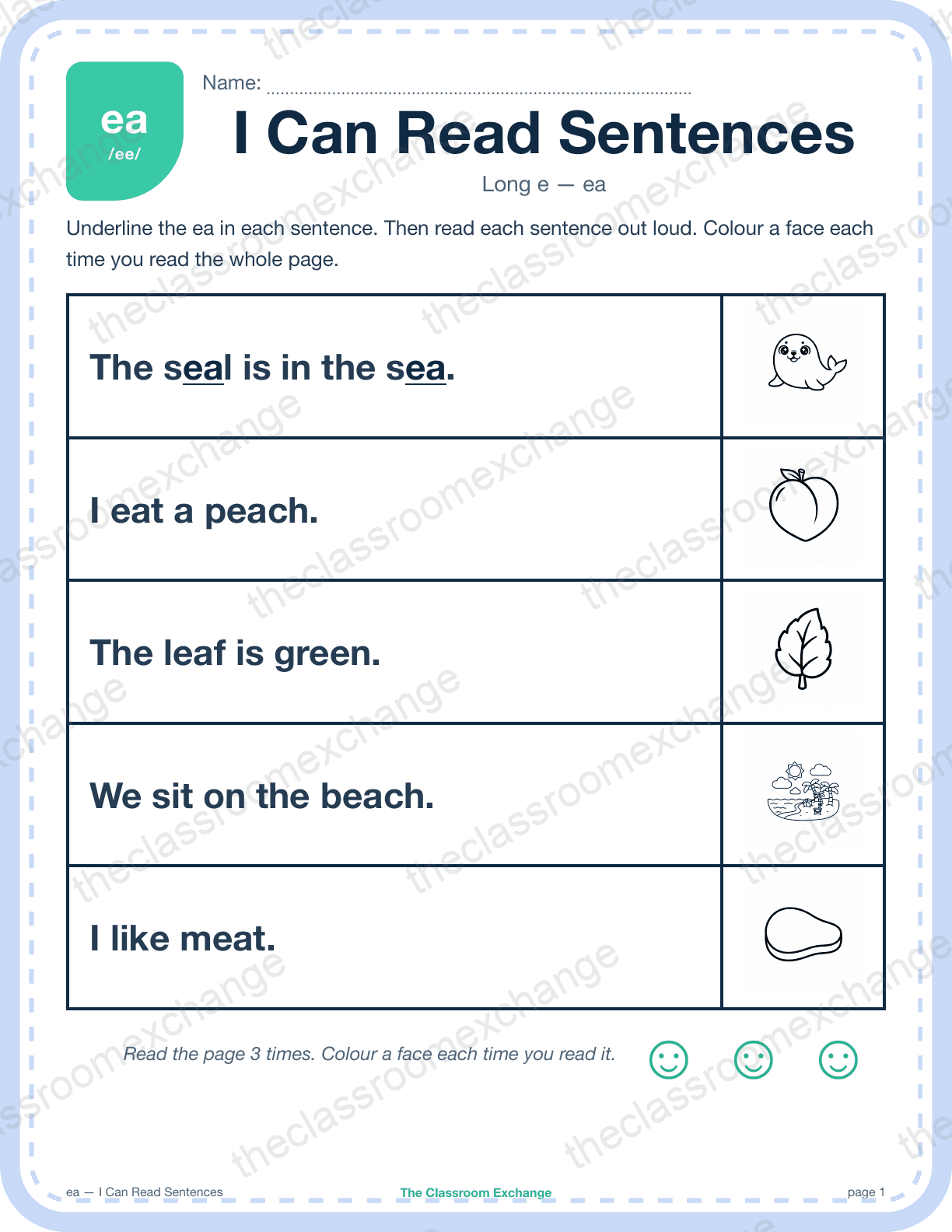 Grade 1 Phonics: ea (tea) — I Can Read Sentences