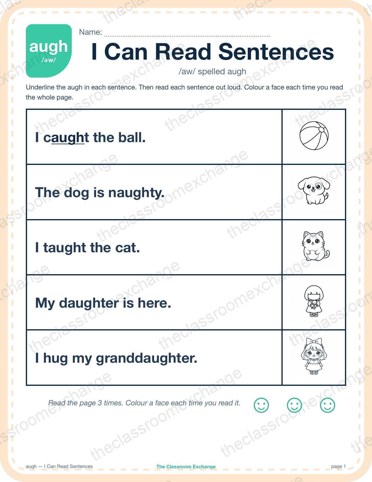 Grade 2 Phonics: augh (taught) — I Can Read Sentences