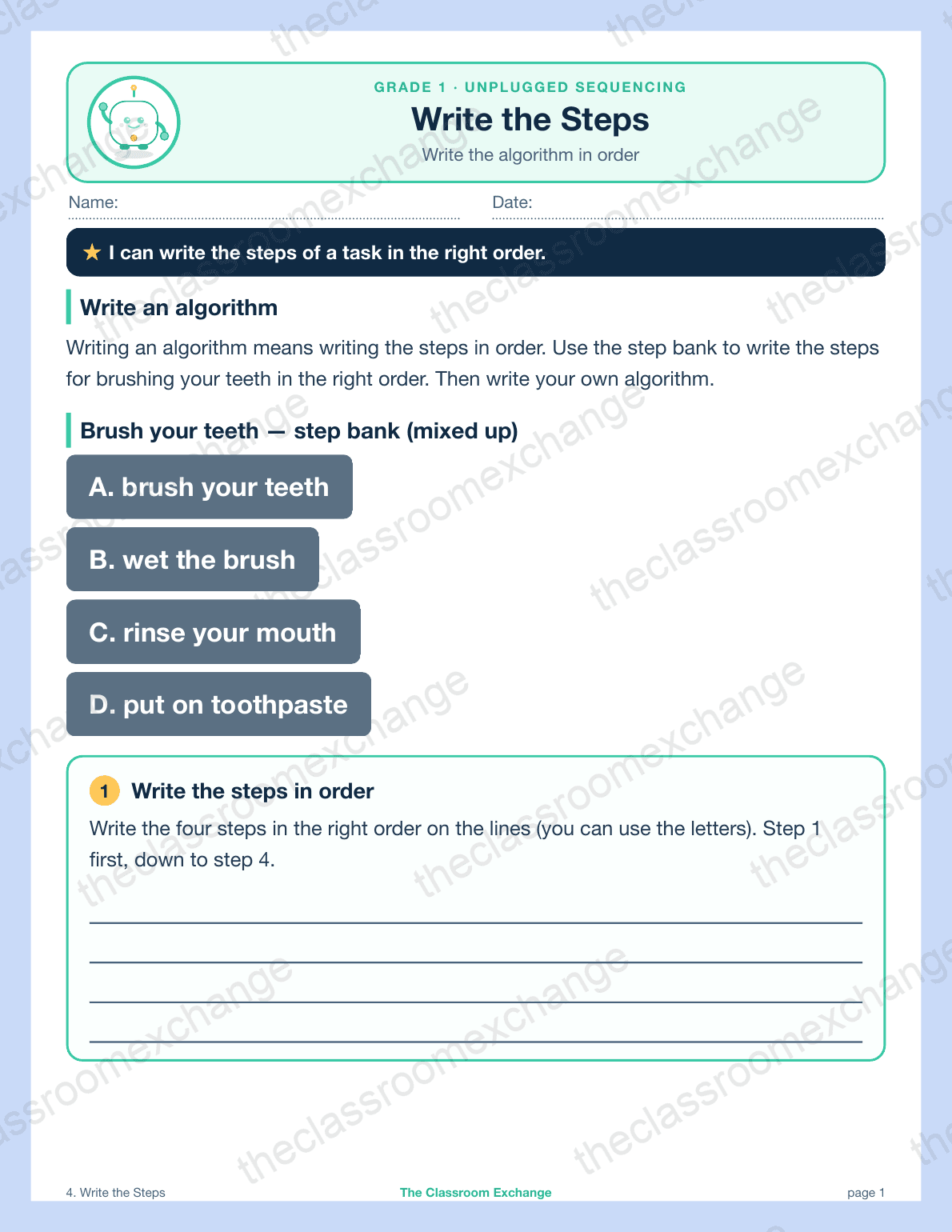 Grade 1 Coding: Write the Steps