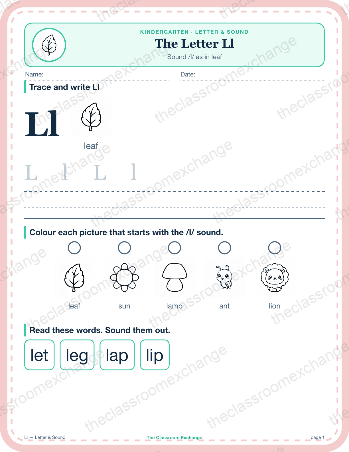 Kindergarten Phonics: The Letter Ll (leaf)