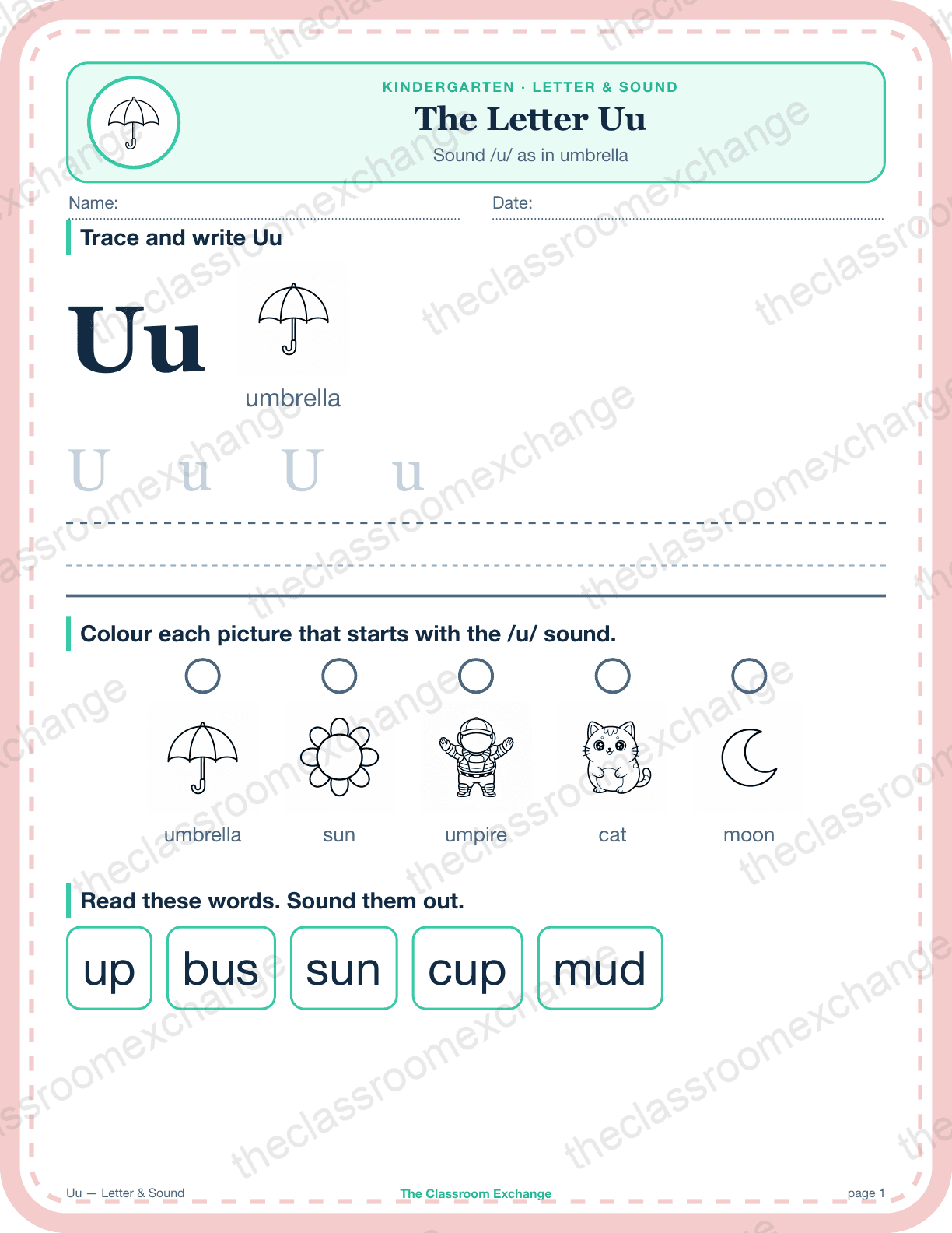 Kindergarten Phonics: The Letter Uu (umbrella)