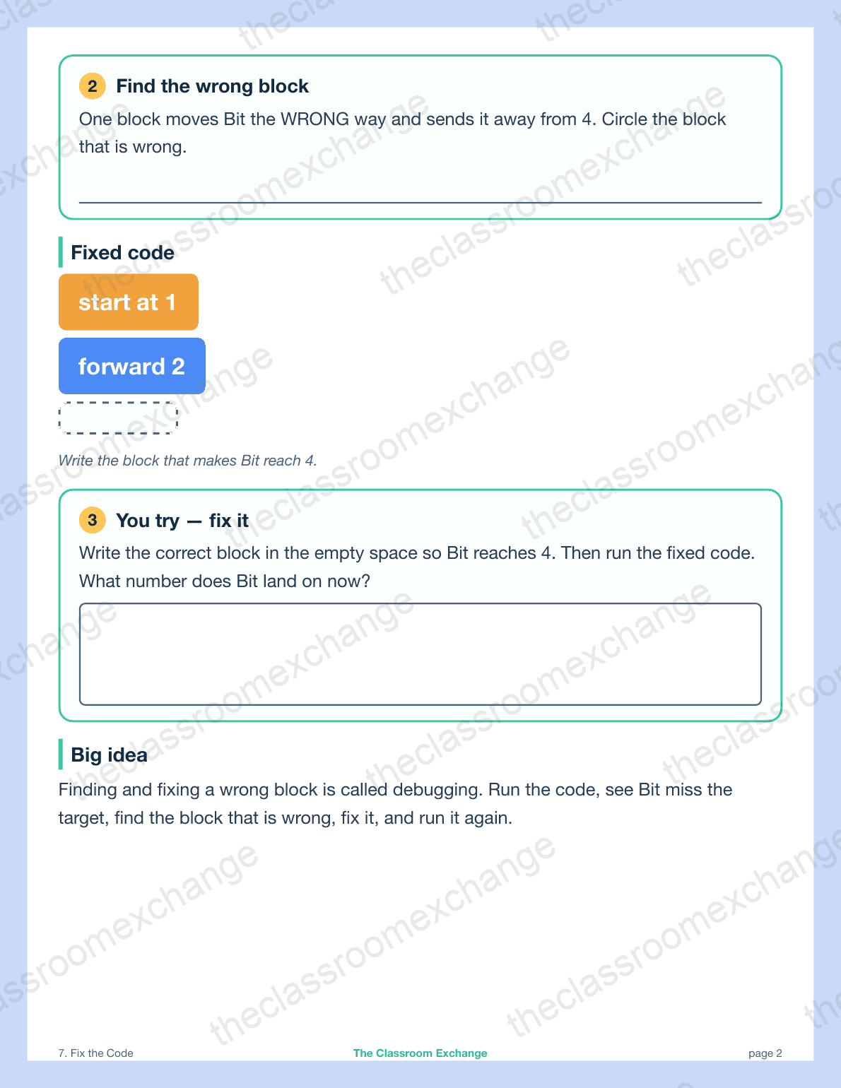 Grade 1 Coding: Fix the Code alternative view