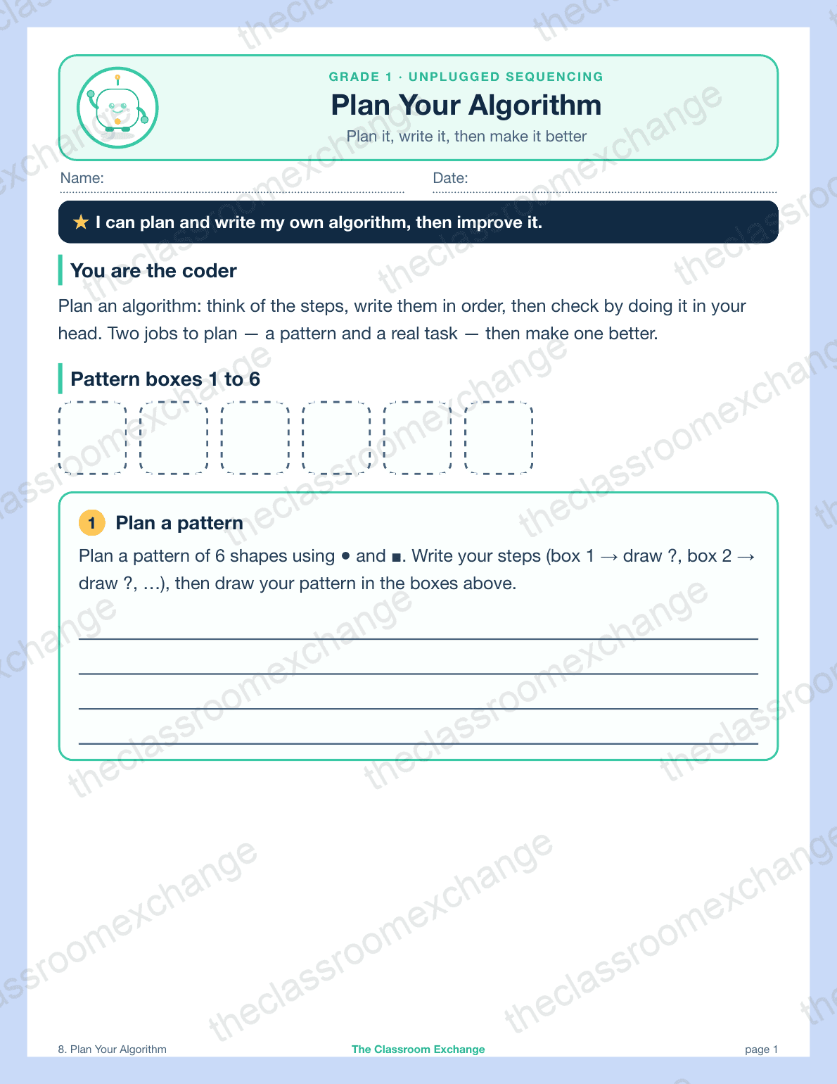 Grade 1 Coding: Plan Your Algorithm