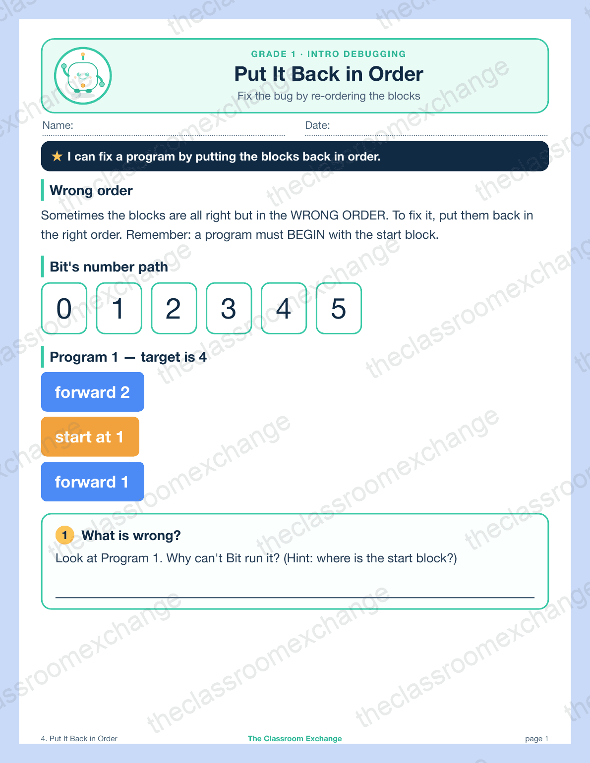 Grade 1 Coding: Put It Back in Order
