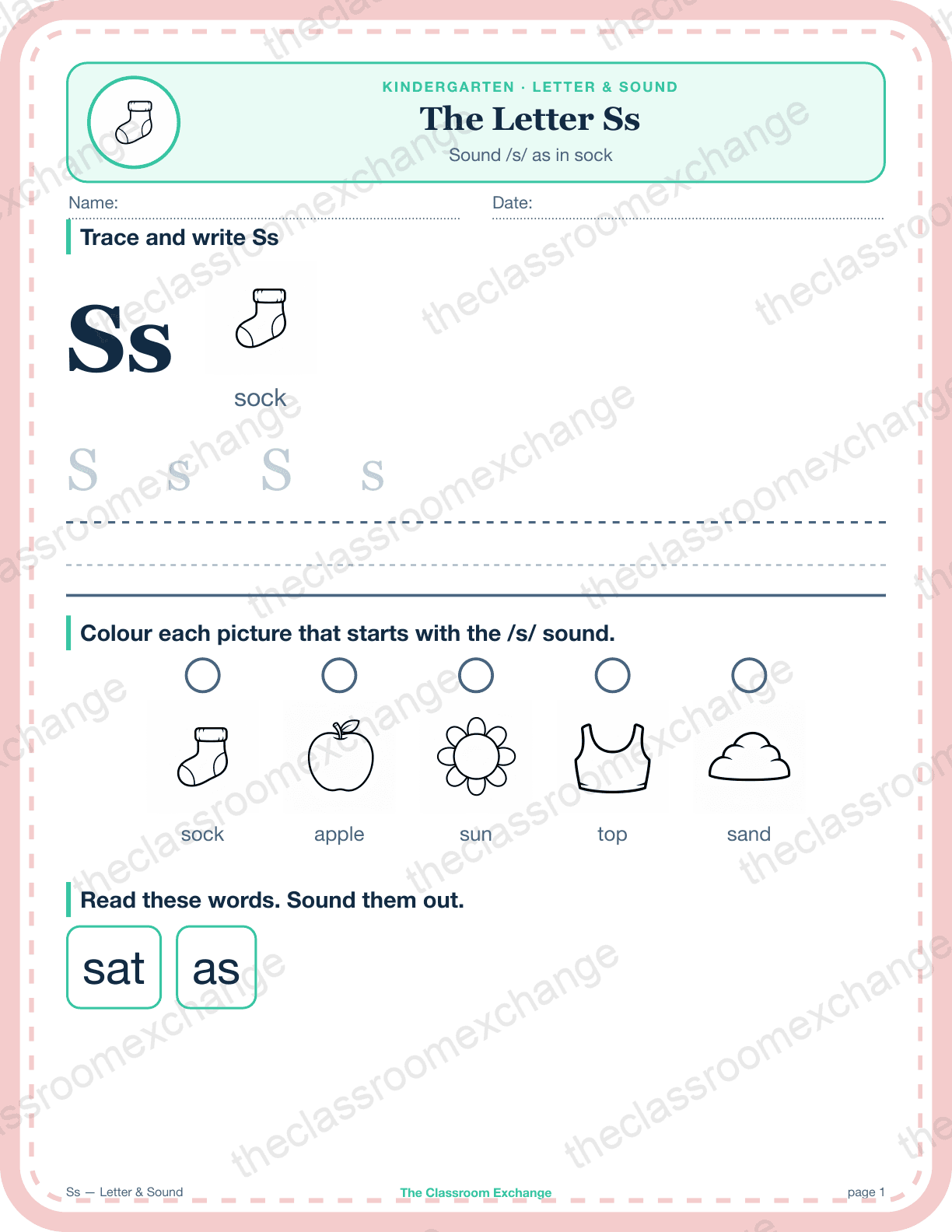 Kindergarten Phonics: The Letter Ss (sock)