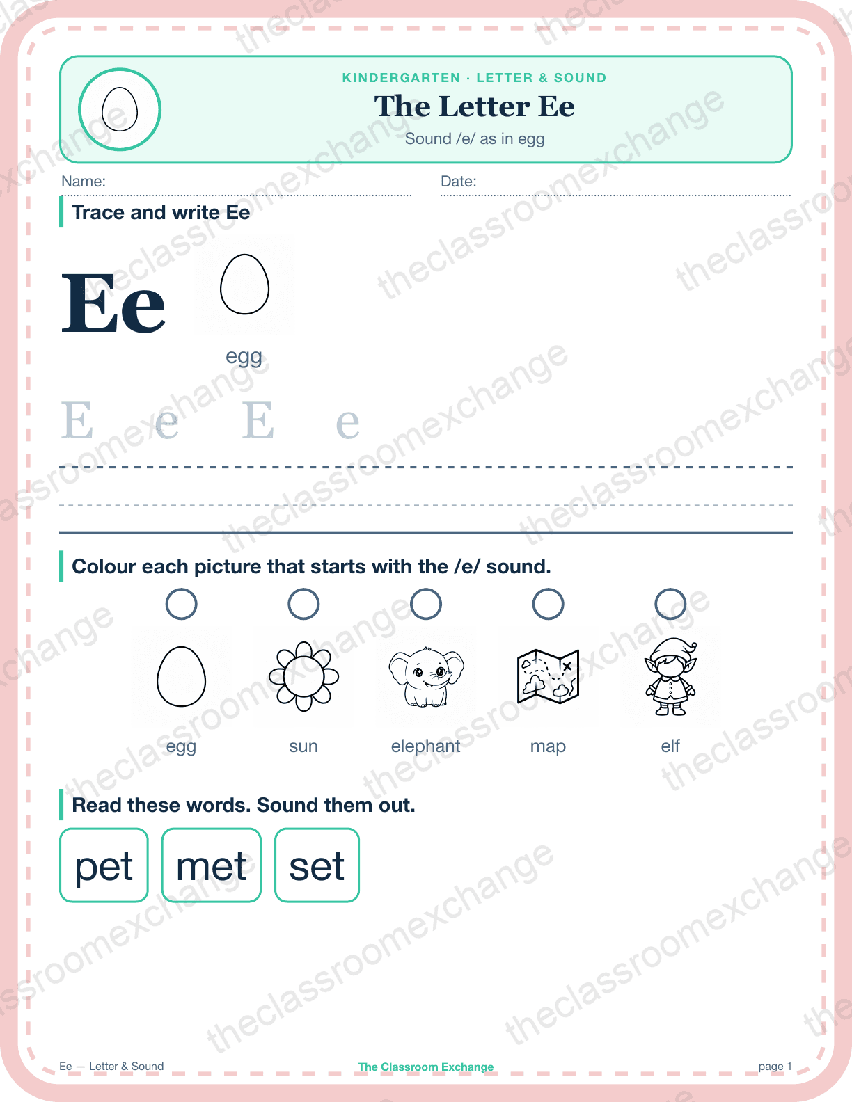 Kindergarten Phonics: The Letter Ee (elephant)