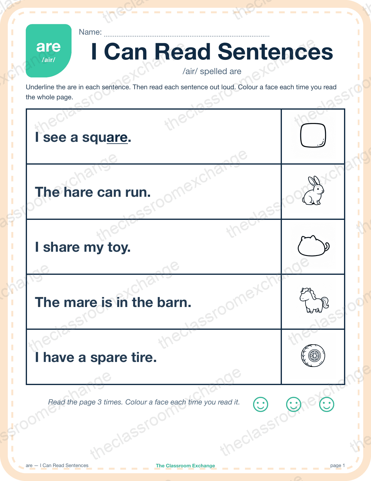 Grade 2 Phonics: are (square) — I Can Read Sentences
