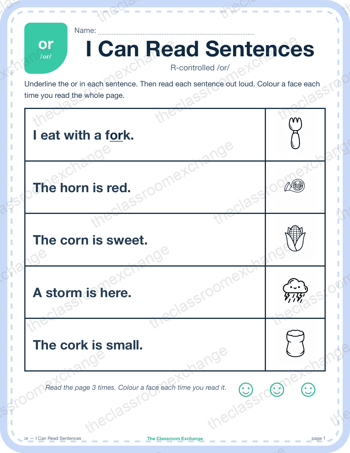 Grade 1 Phonics: or (fork) — I Can Read Sentences