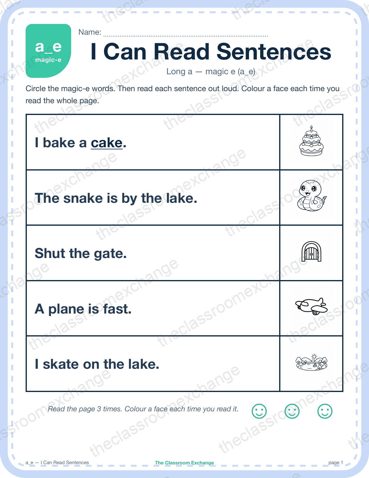 Grade 1 Phonics: a_e (cake) — I Can Read Sentences