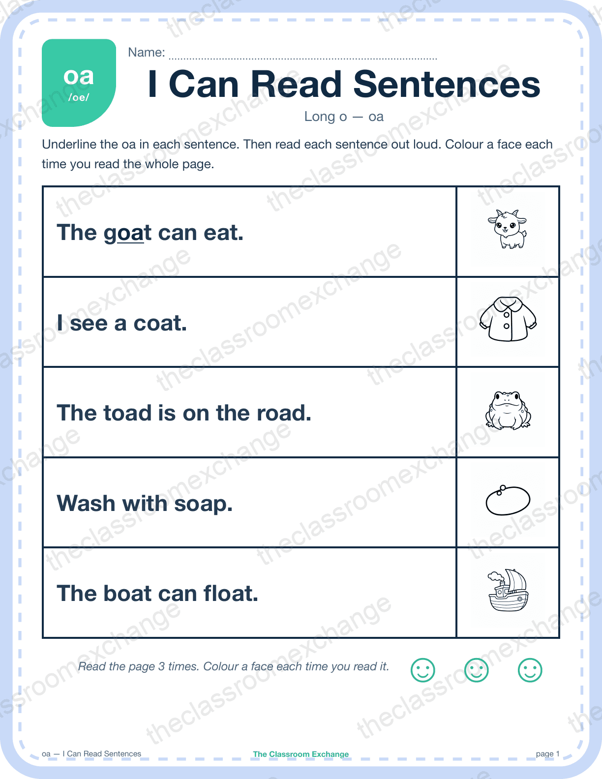 Grade 1 Phonics: oa (boat) — I Can Read Sentences
