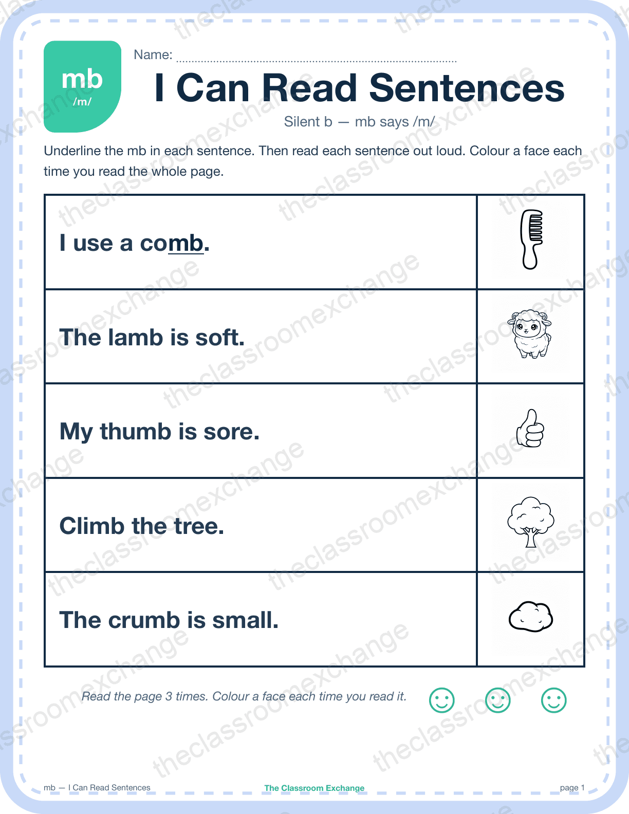 Grade 1 Phonics: mb (comb) — I Can Read Sentences