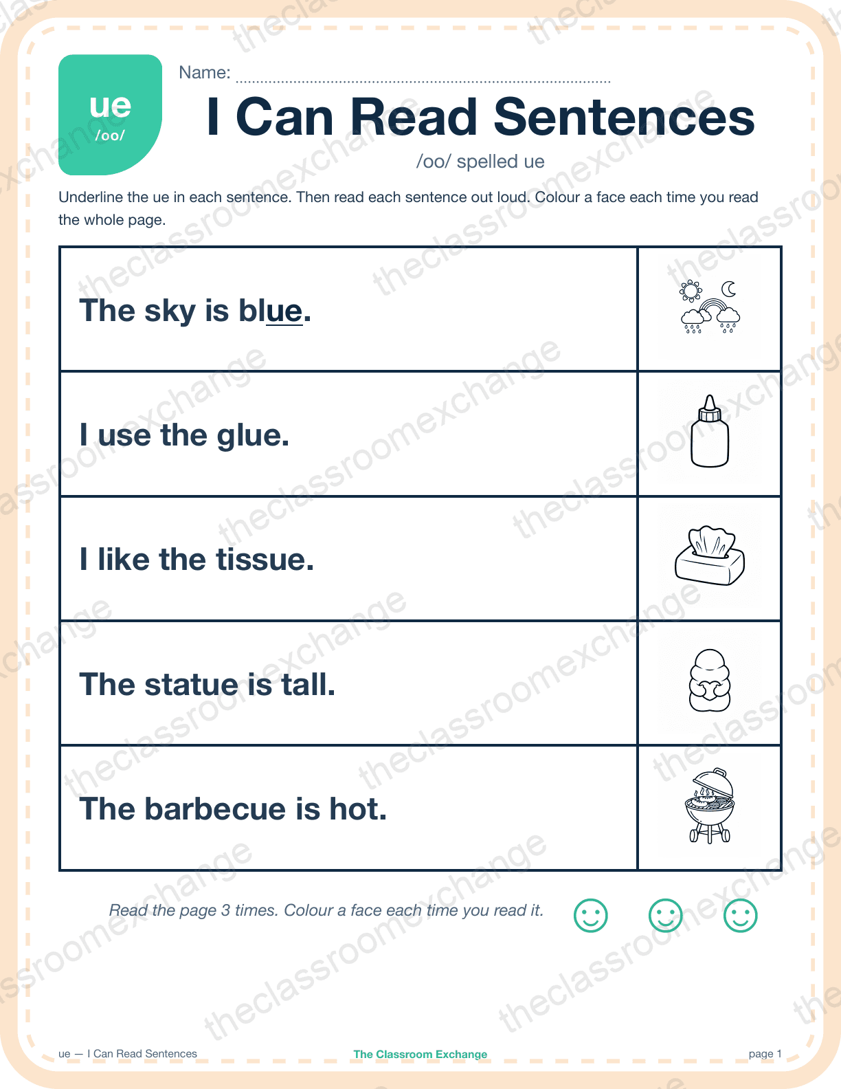 Grade 2 Phonics: ue (blue) — I Can Read Sentences