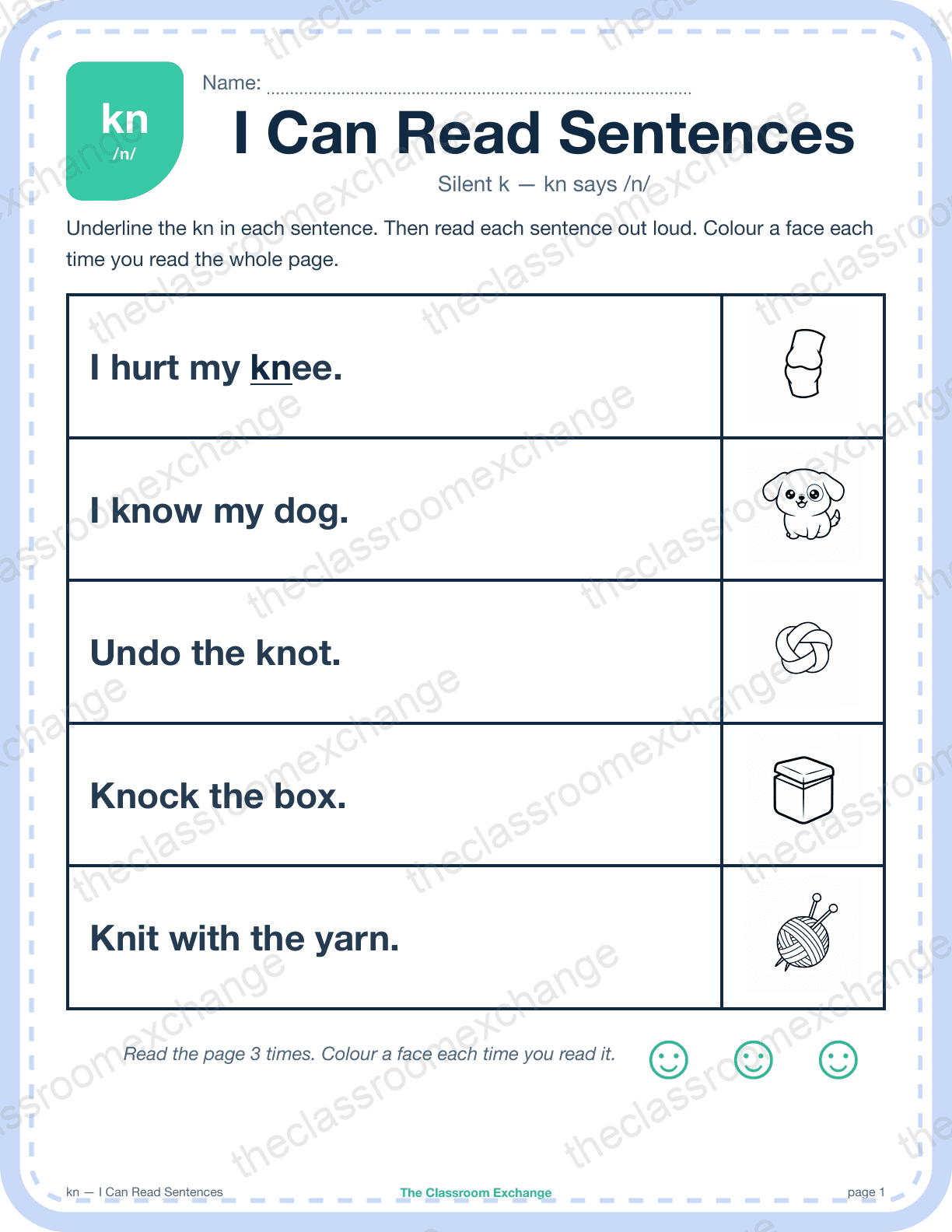 Grade 1 Phonics: kn (knee) — I Can Read Sentences
