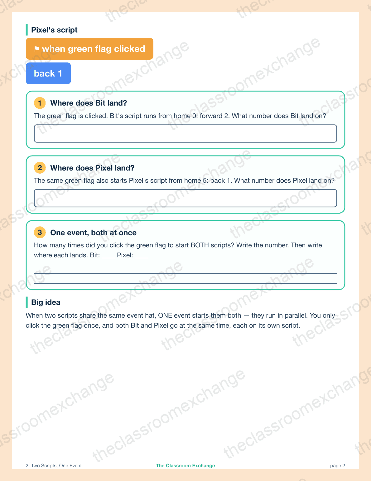 Grade 2 Coding: Two Scripts One Event alternative view