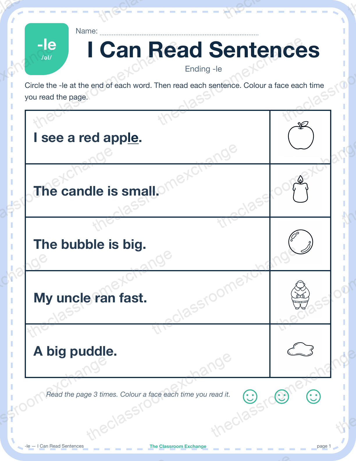 Grade 1 Phonics: le (uncle) — I Can Read Sentences
