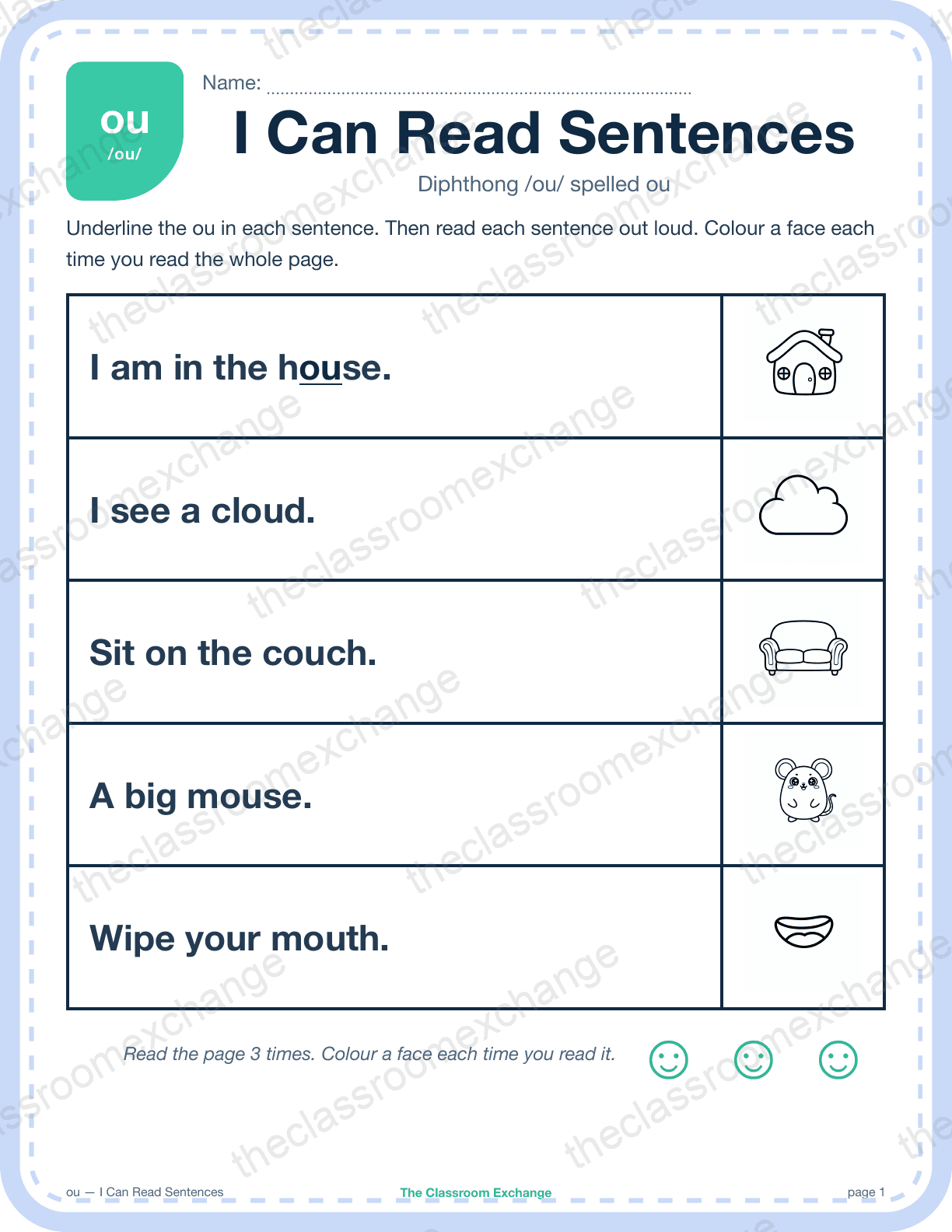 Grade 1 Phonics: ou (house) — I Can Read Sentences