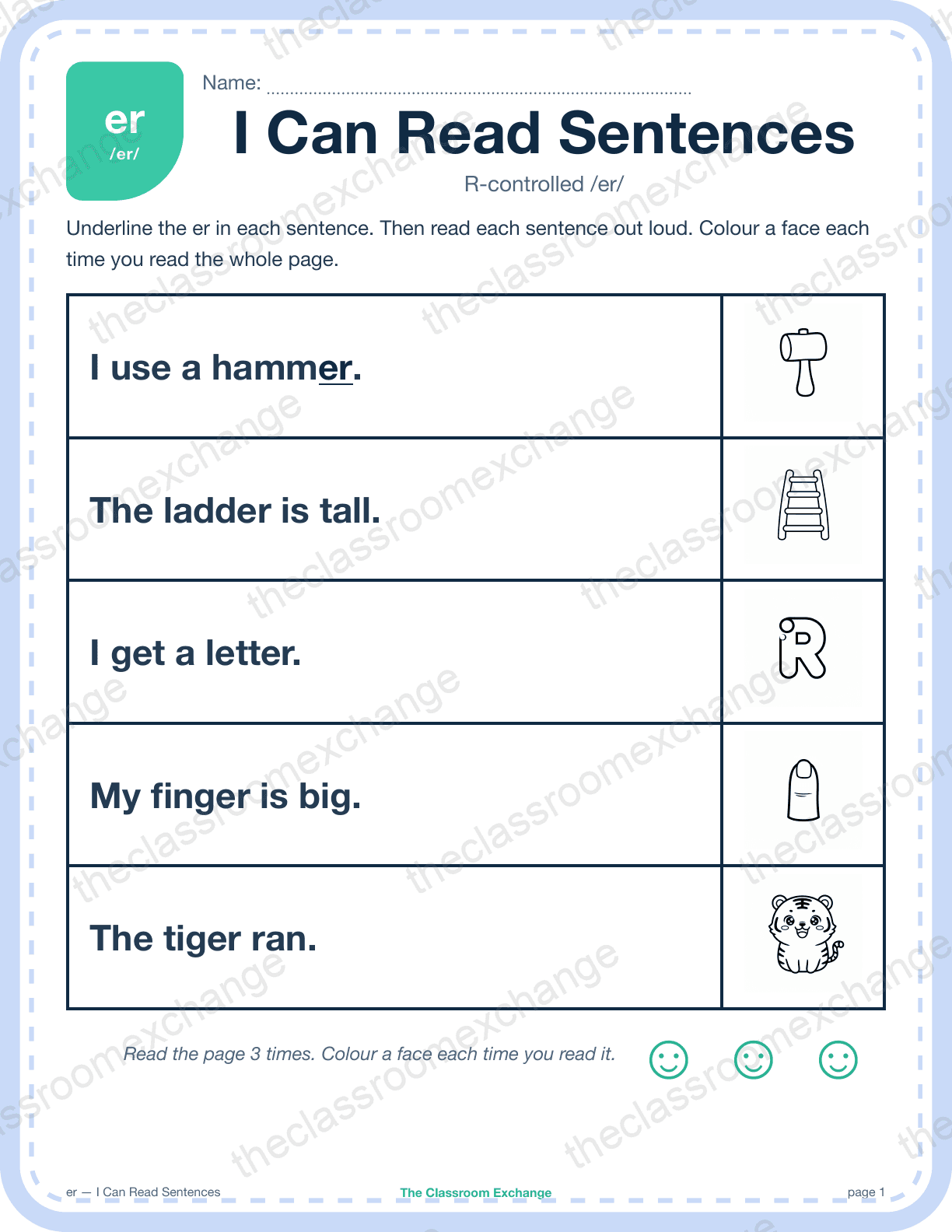 Grade 1 Phonics: er (hammer) — I Can Read Sentences