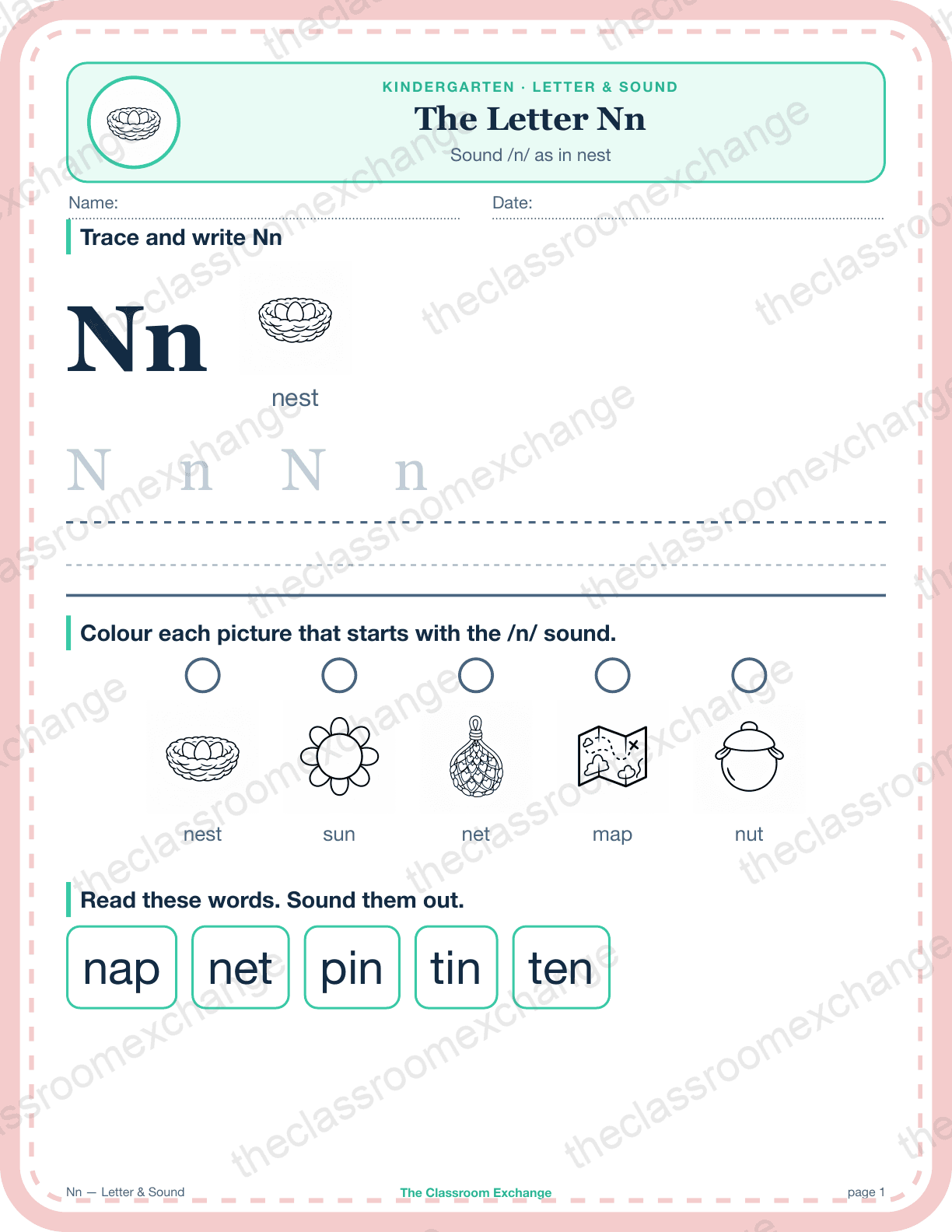 Kindergarten Phonics: The Letter Nn (nest)