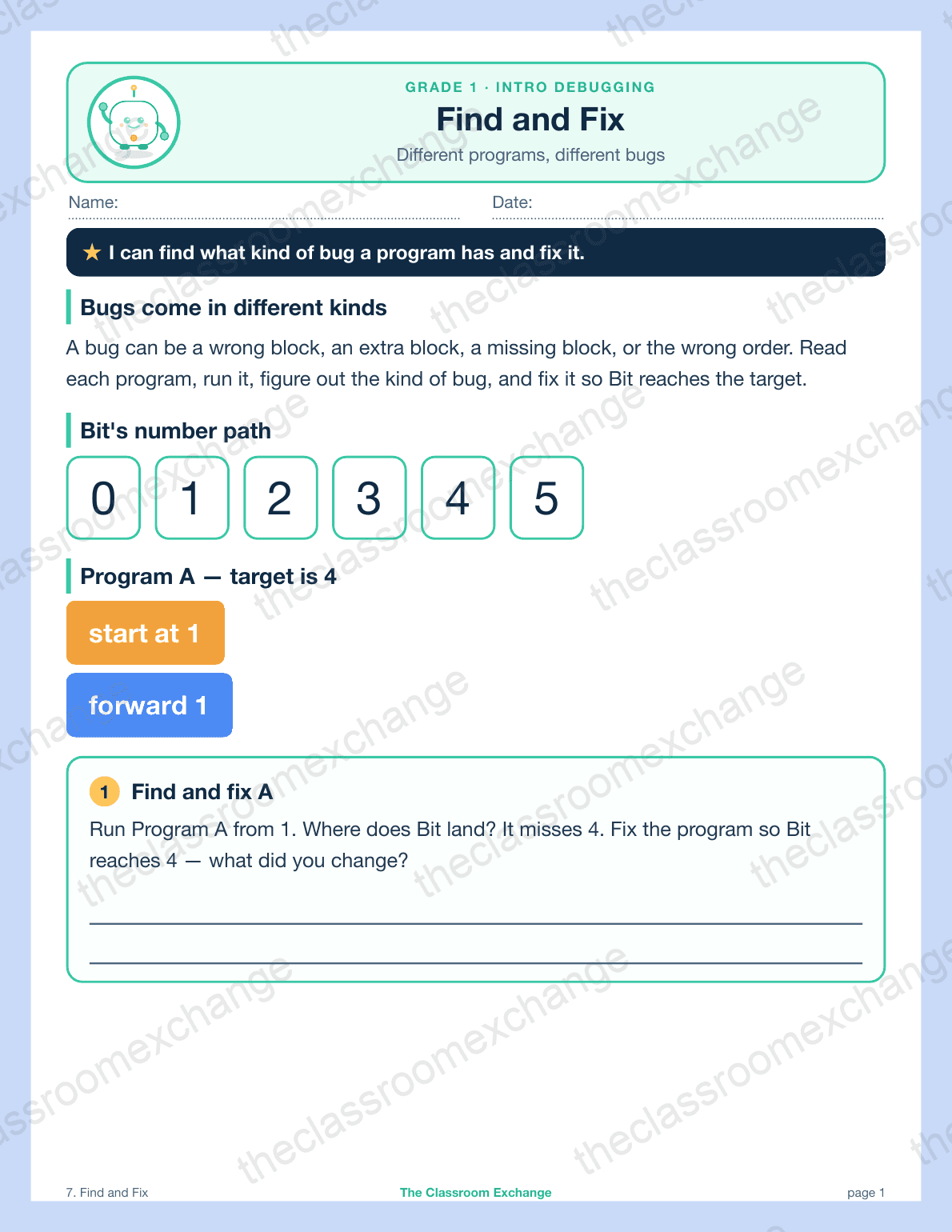 Grade 1 Coding: Find and Fix
