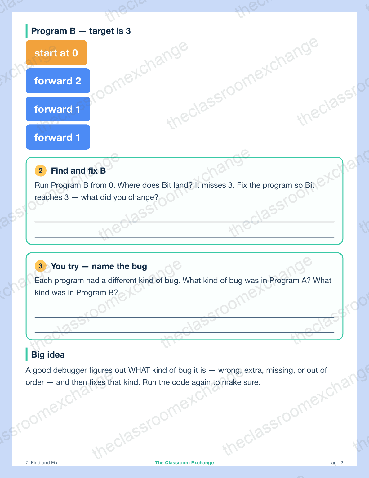 Grade 1 Coding: Find and Fix alternative view