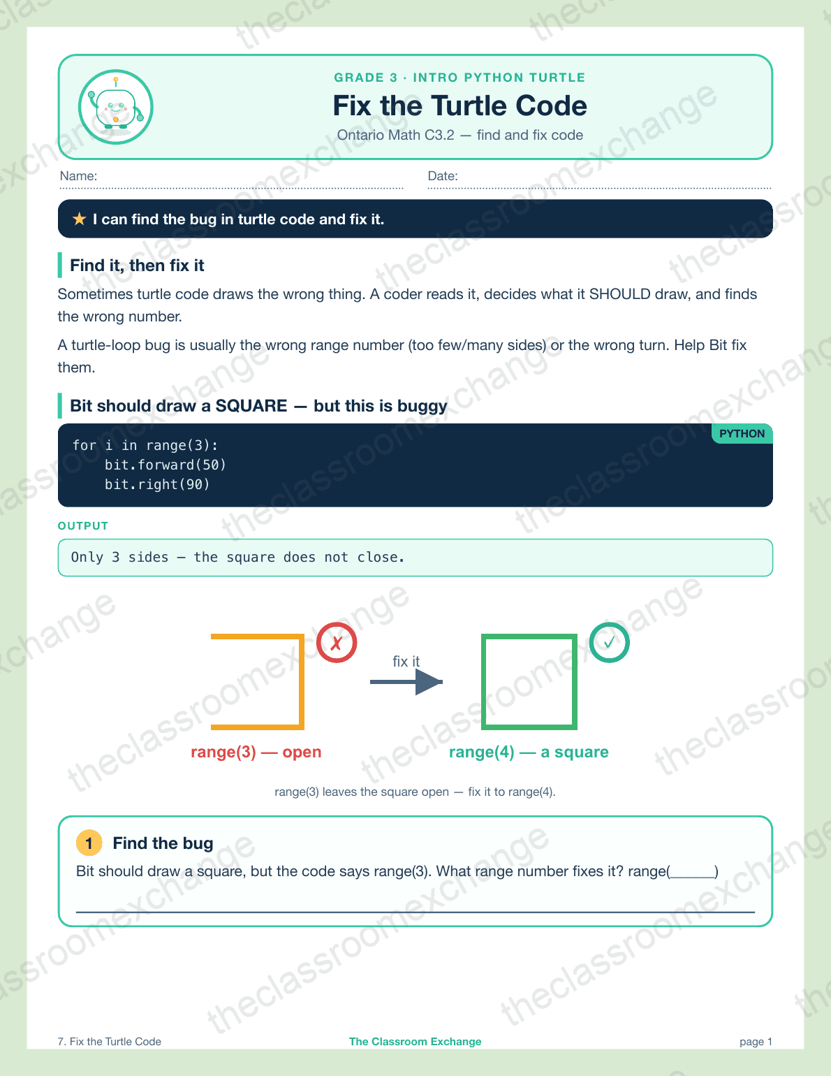 Grade 3 Coding: Fix the Turtle Code