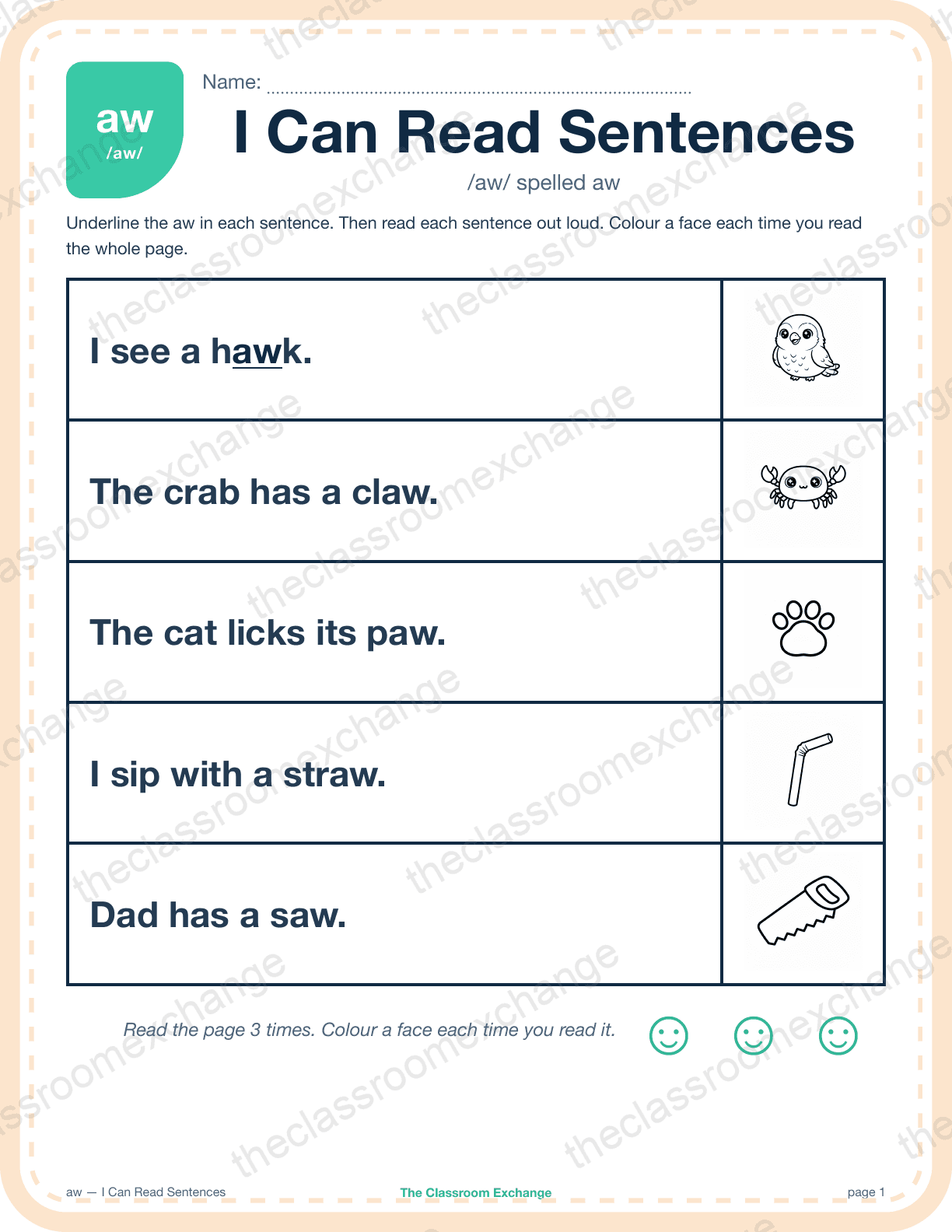 Grade 2 Phonics: aw (draw) — I Can Read Sentences