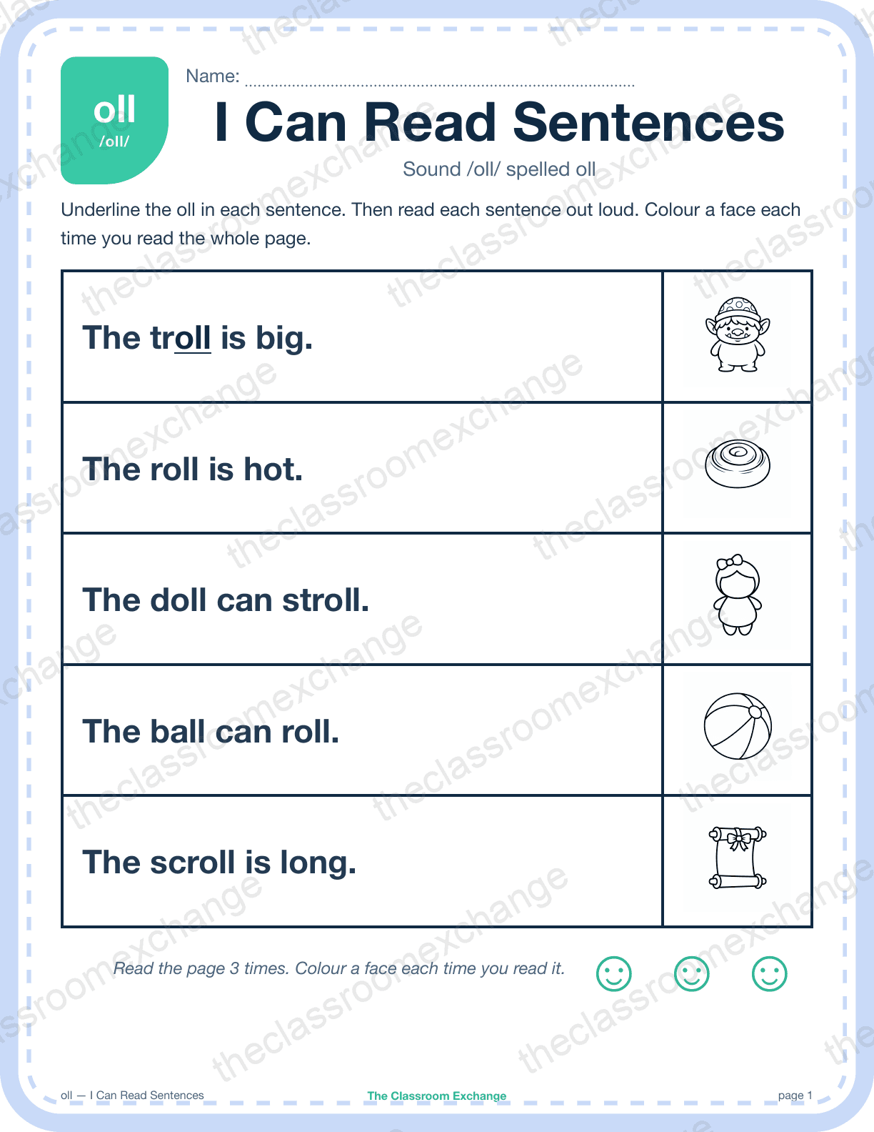 Grade 1 Phonics: oll (troll) — I Can Read Sentences