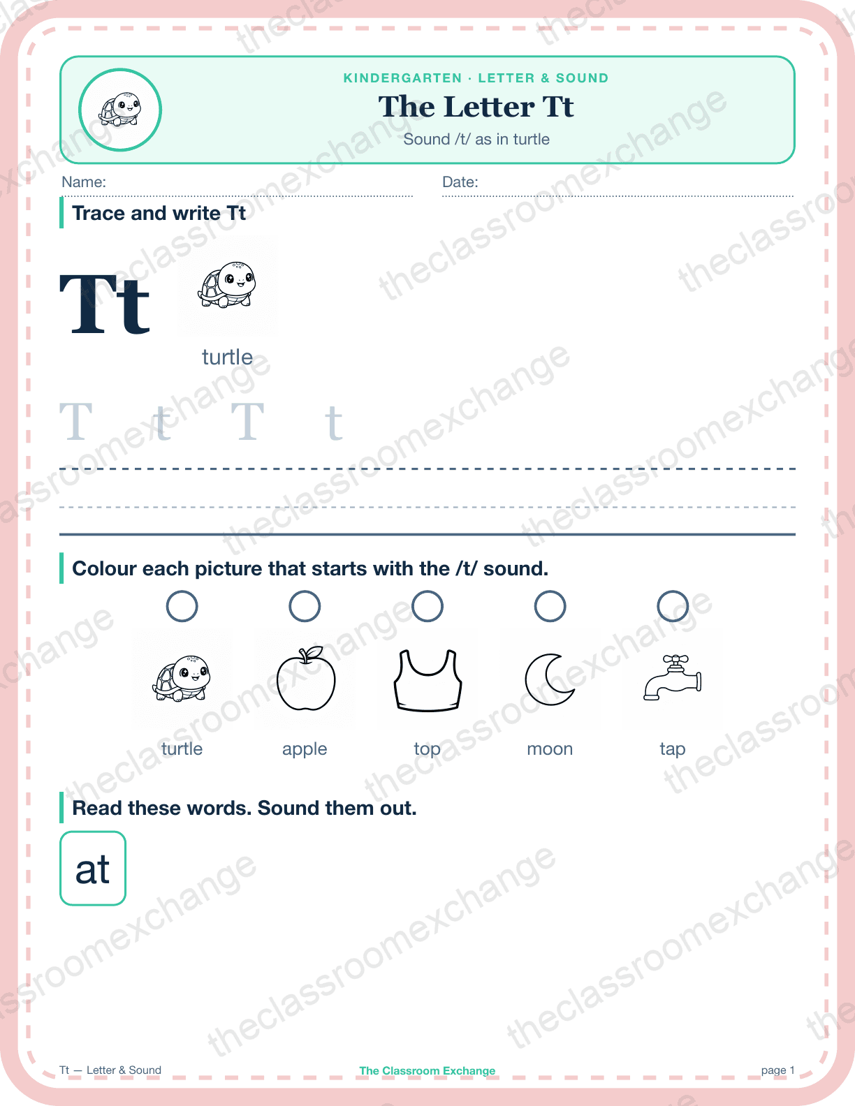 Kindergarten Phonics: The Letter Tt (turtle)