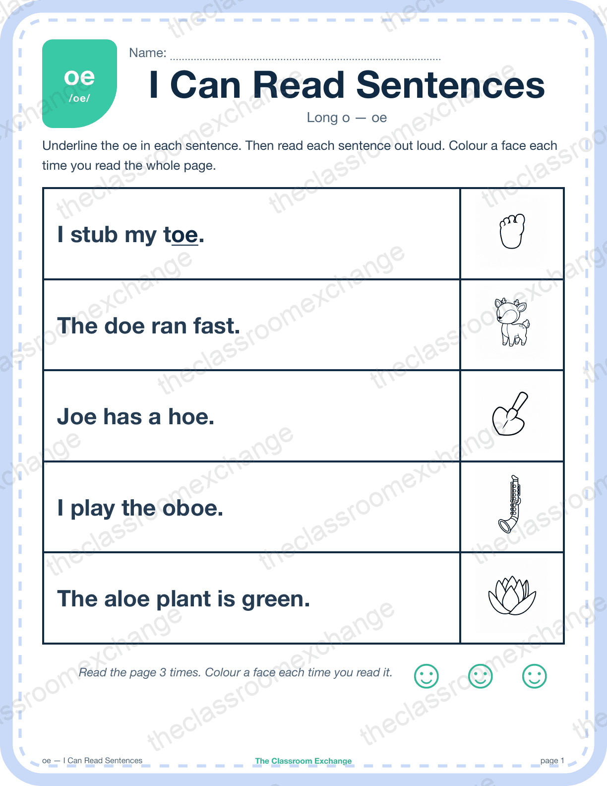 Grade 1 Phonics: oe (toe) — I Can Read Sentences
