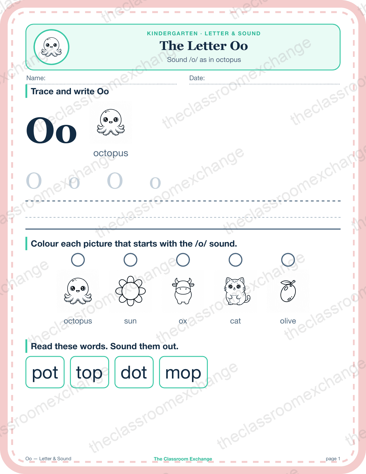 Kindergarten Phonics: The Letter Oo (octopus)