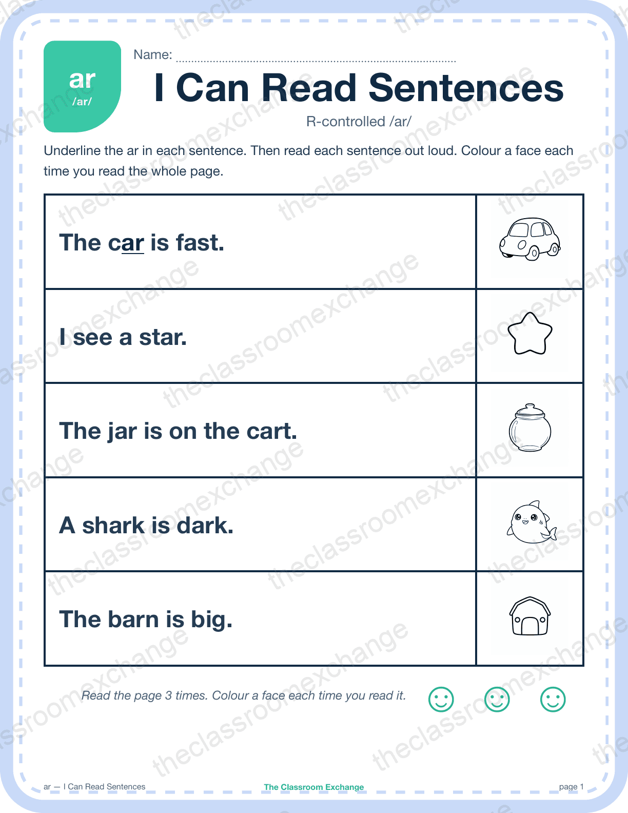 Grade 1 Phonics: ar (arm) — I Can Read Sentences