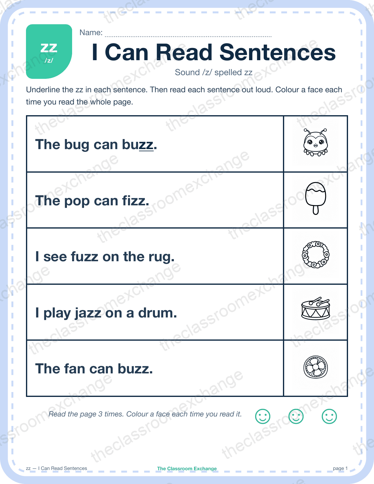 Grade 1 Phonics: zz (buzz) — I Can Read Sentences